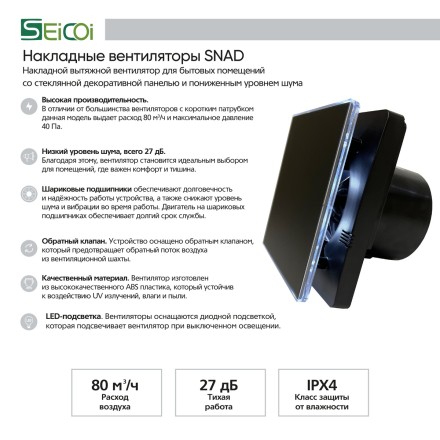 Накладной вентилятор Seicoi SNAD04-01A Matt black glass