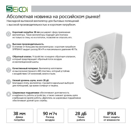 Накладной тонкий вентилятор Seicoi SMPS04-01 White